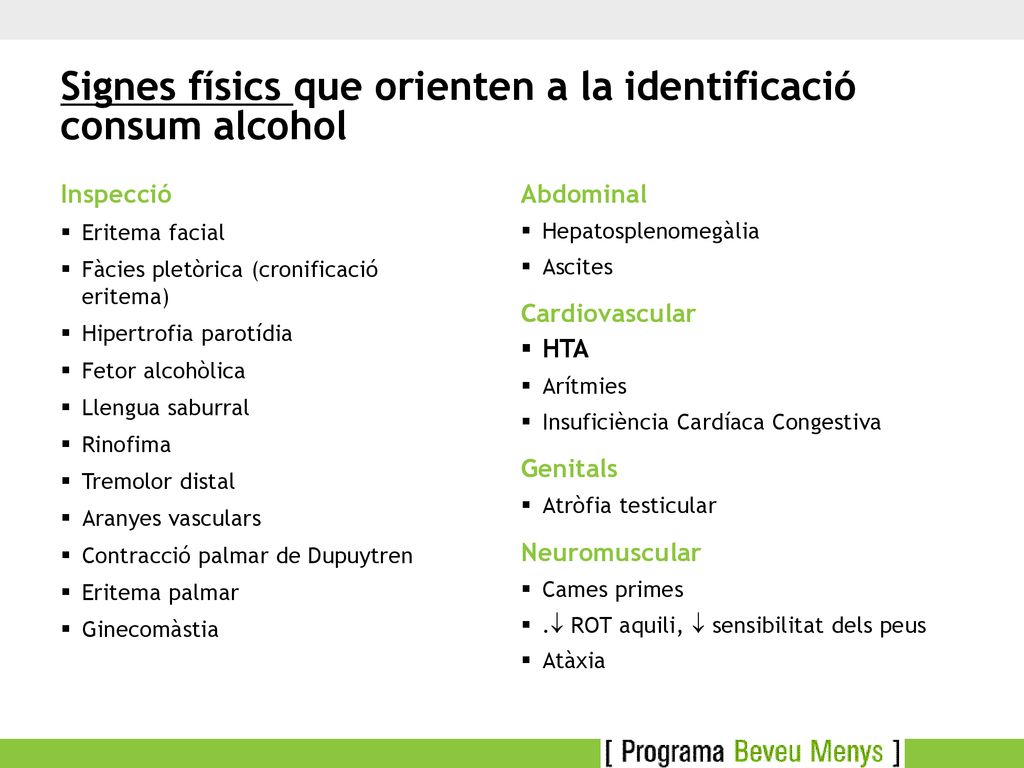 Signes físics que orienten a la identificació consum alcohol