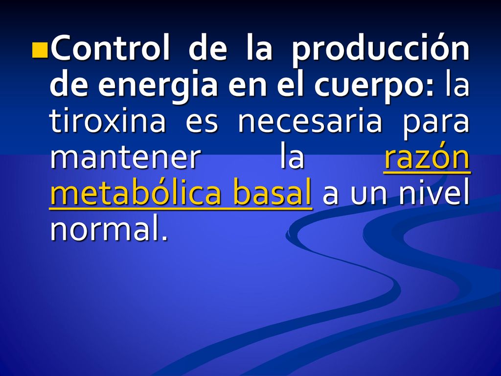 Control de la producción de energia en el cuerpo: la tiroxina es necesaria para mantener la razón metabólica basal a un nivel normal.