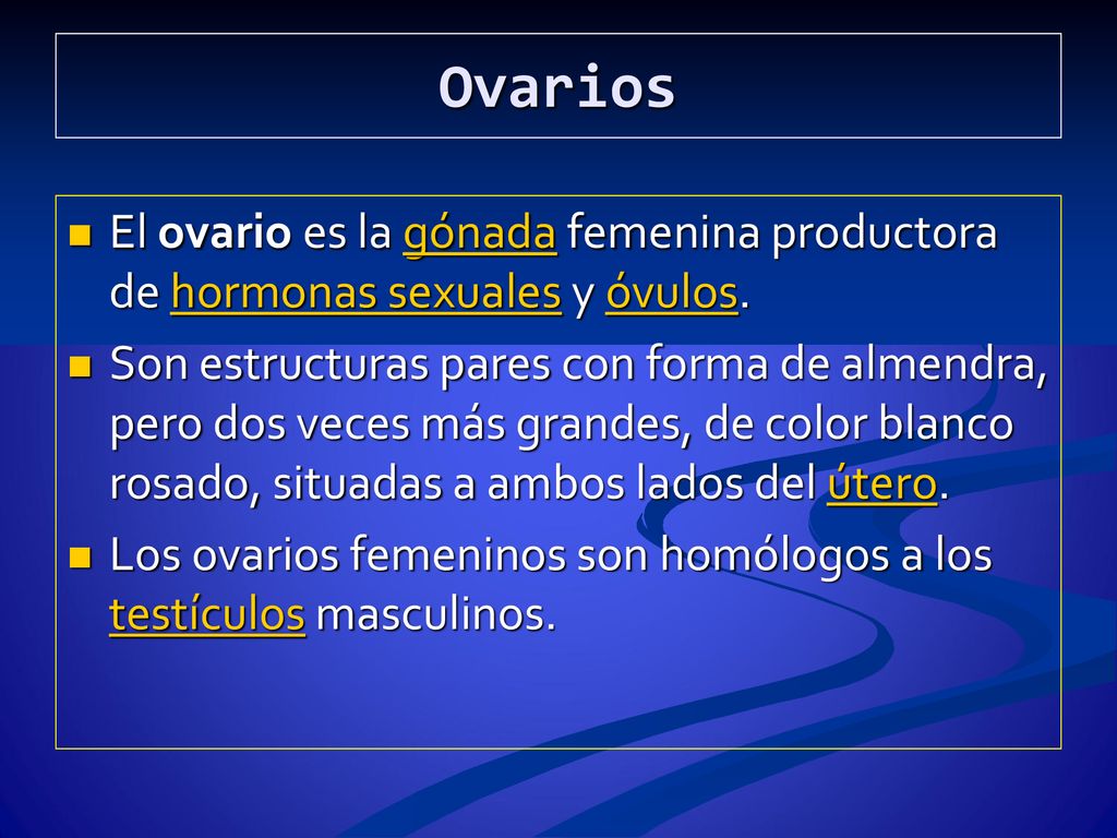 Ovarios El ovario es la gónada femenina productora de hormonas sexuales y óvulos.