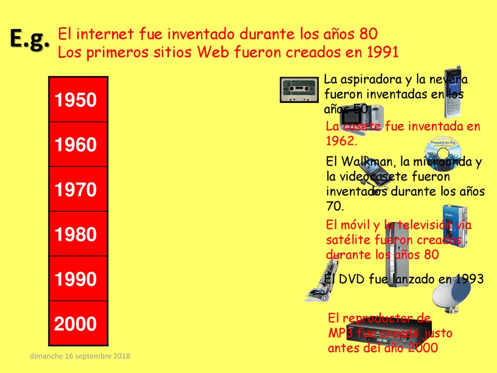 E.g. El internet fue inventado durante los años 80. Los primeros sitios Web fueron creados en