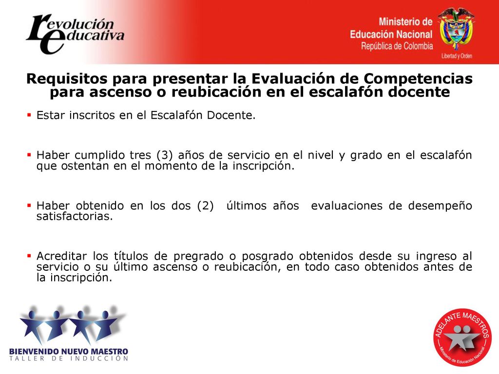 Requisitos para presentar la Evaluación de Competencias para ascenso o reubicación en el escalafón docente