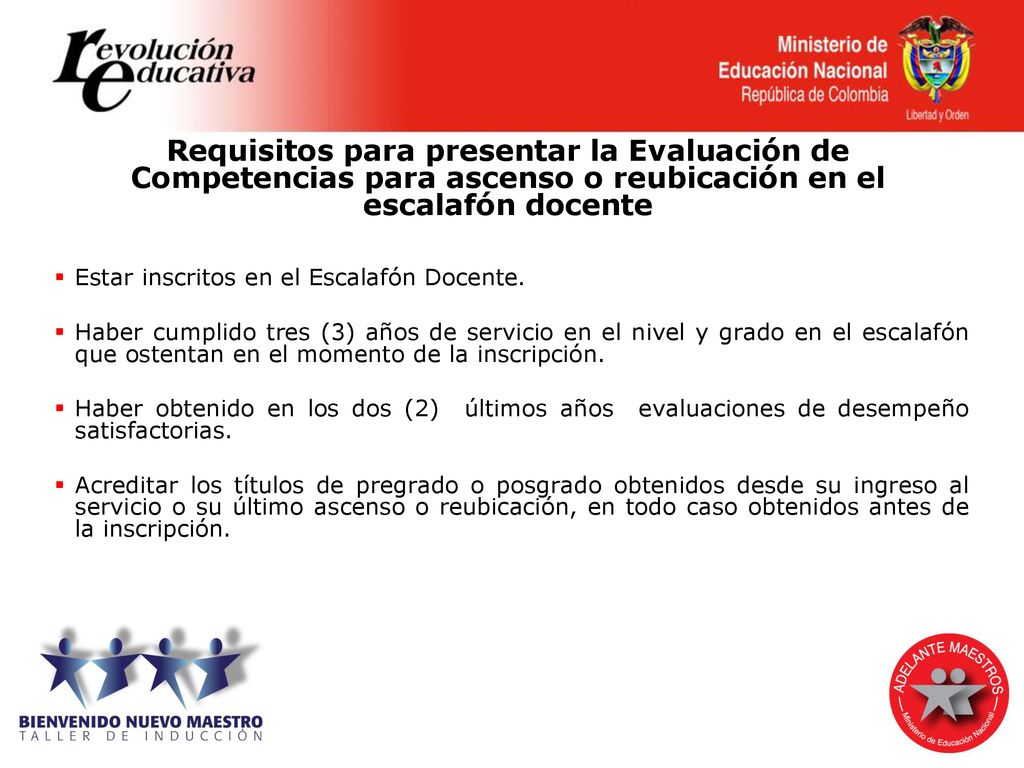 Requisitos para presentar la Evaluación de Competencias para ascenso o reubicación en el escalafón docente