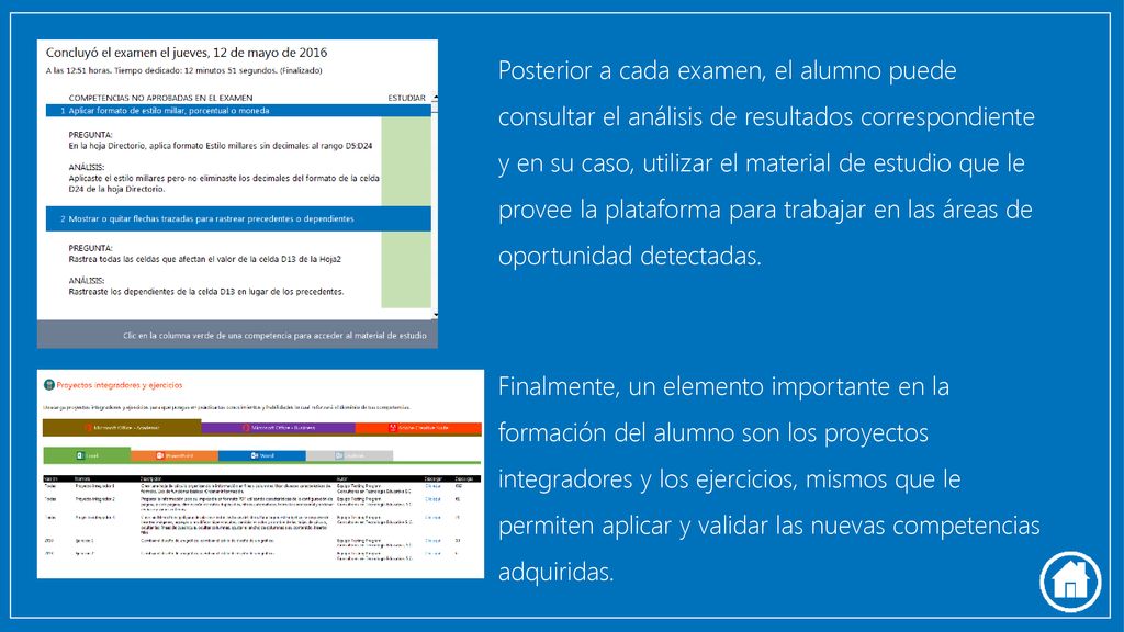 Posterior a cada examen, el alumno puede consultar el análisis de resultados correspondiente y en su caso, utilizar el material de estudio que le provee la plataforma para trabajar en las áreas de oportunidad detectadas.
