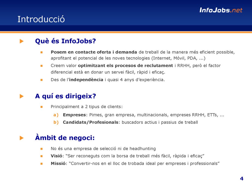 Introducció Què és InfoJobs A quí es dirigeix Àmbit de negoci: