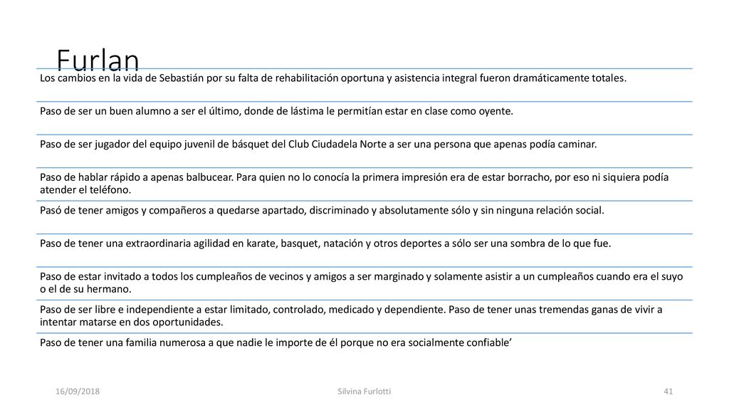 Furlan Los cambios en la vida de Sebastián por su falta de rehabilitación oportuna y asistencia integral fueron dramáticamente totales.
