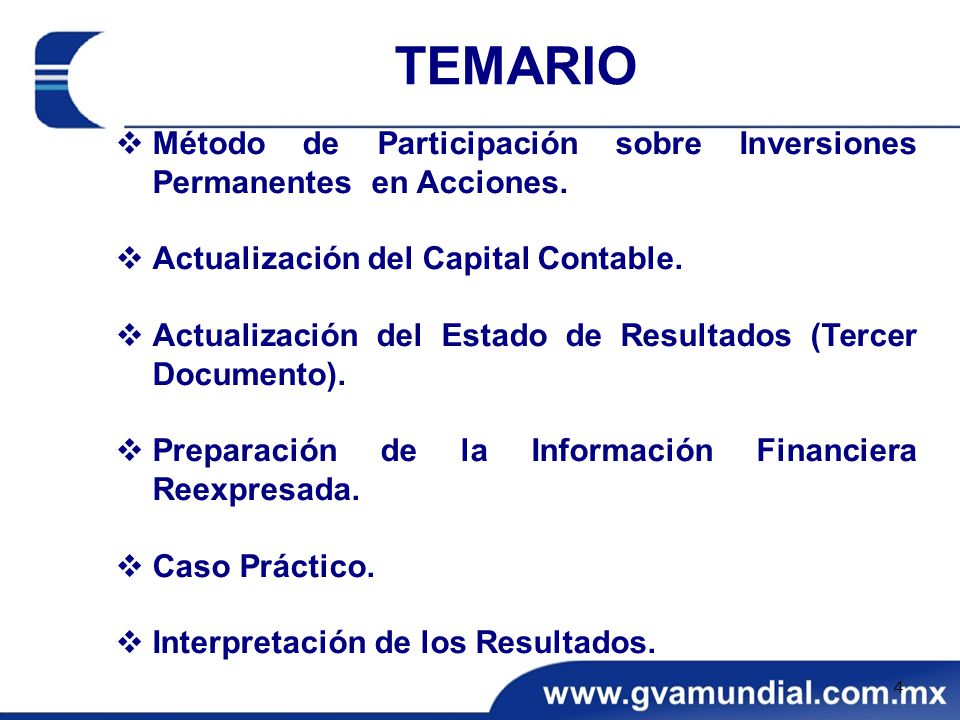TEMARIO Método de Participación sobre Inversiones Permanentes en Acciones. Actualización del Capital Contable.