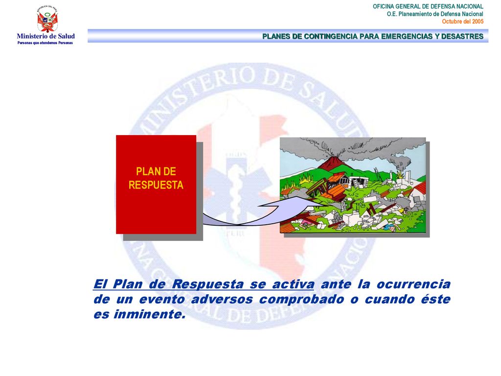 PLAN DE RESPUESTA El Plan de Respuesta se activa ante la ocurrencia de un evento adversos comprobado o cuando éste es inminente.