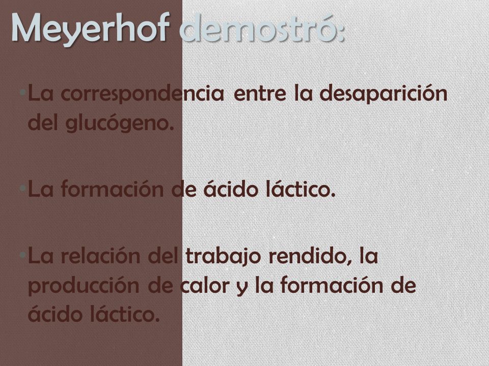Meyerhof demostró: La correspondencia entre la desaparición del glucógeno. La formación de ácido láctico.