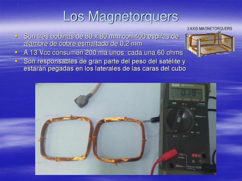 Los Magnetorquers Son tres bobinas de 80 x 80 mm con 400 espiras de alambre de cobre esmaltado de 0,2 mm.