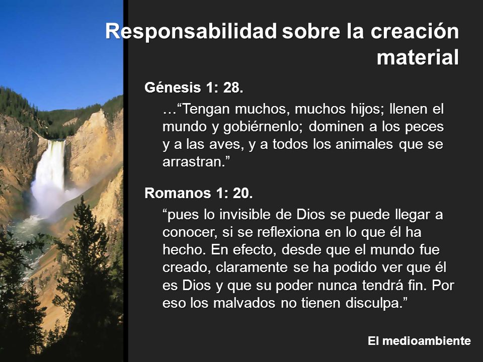 Génesis 1: 28. … Tengan muchos, muchos hijos; llenen el mundo y gobiérnenlo; dominen a los peces y a las aves, y a todos los animales que se arrastran.