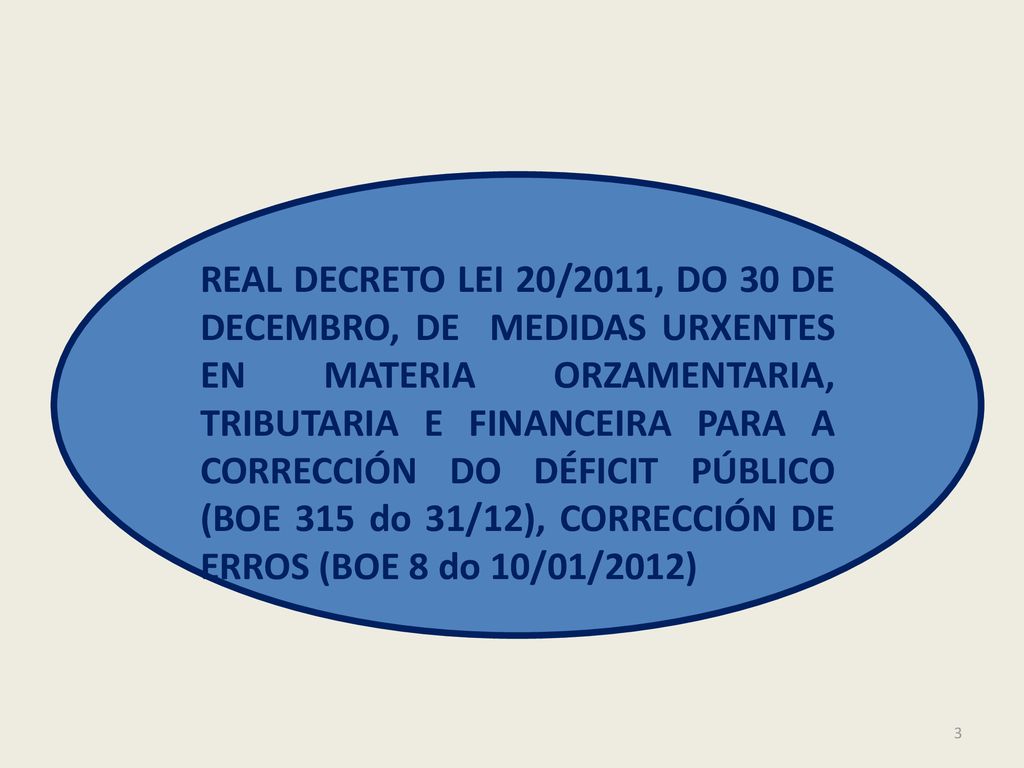 REAL DECRETO LEI 20/2011, DO 30 DE DECEMBRO, DE MEDIDAS URXENTES EN MATERIA ORZAMENTARIA, TRIBUTARIA E FINANCEIRA PARA A CORRECCIÓN DO DÉFICIT PÚBLICO (BOE 315 do 31/12), CORRECCIÓN DE ERROS (BOE 8 do 10/01/2012)