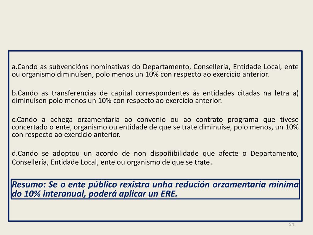 a.Cando as subvencións nominativas do Departamento, Consellería, Entidade Local, ente ou organismo diminuísen, polo menos un 10% con respecto ao exercicio anterior.
