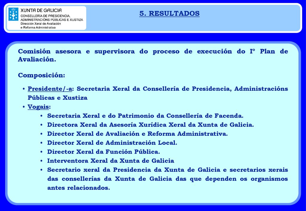 5. RESULTADOS Comisión asesora e supervisora do proceso de execución do Iº Plan de Avaliación. Composición: