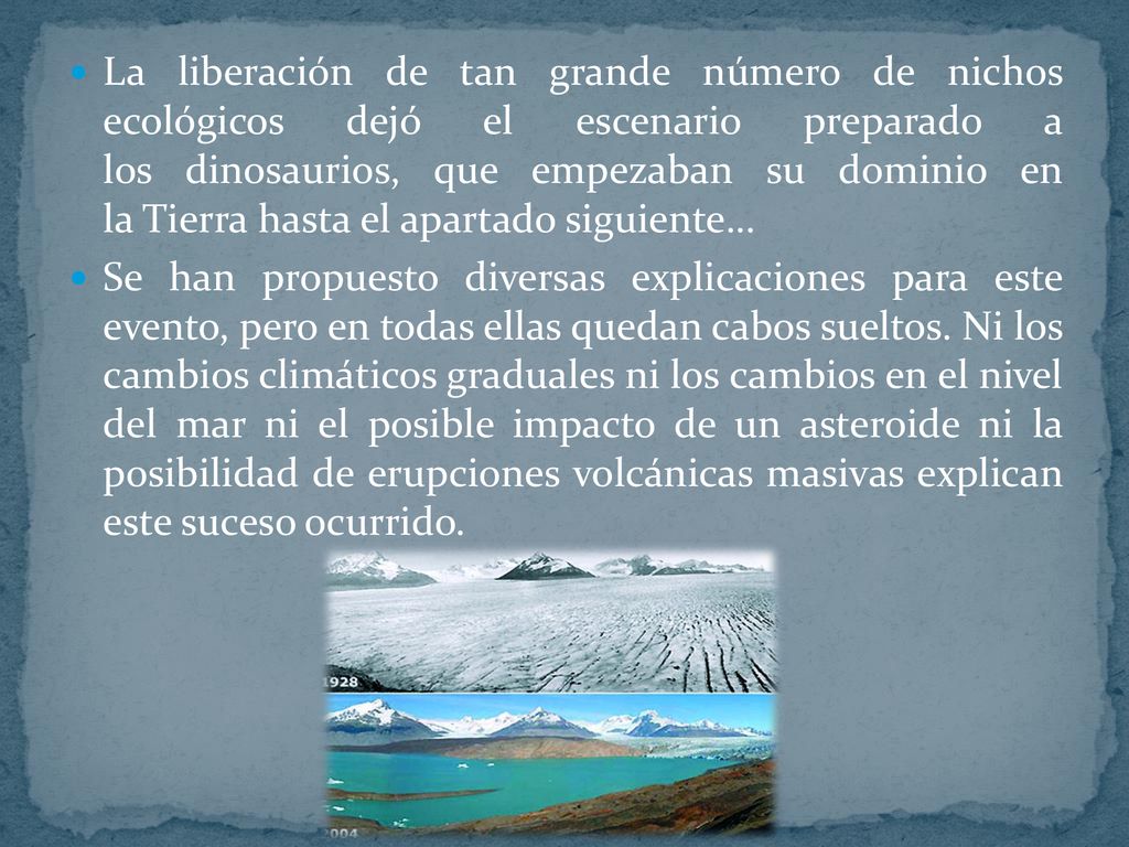 La liberación de tan grande número de nichos ecológicos dejó el escenario preparado a los dinosaurios, que empezaban su dominio en la Tierra hasta el apartado siguiente…