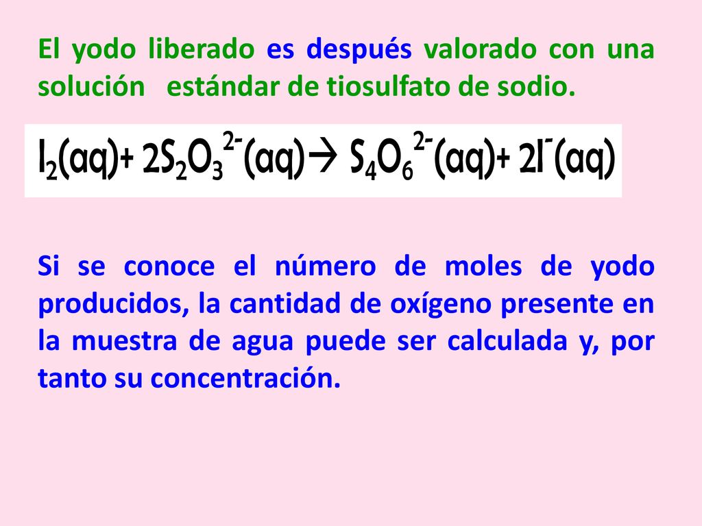 El yodo liberado es después valorado con una solución estándar de tiosulfato de sodio.