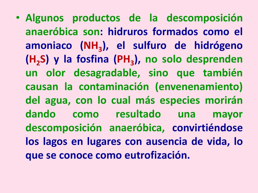 Algunos productos de la descomposición anaeróbica son: hidruros formados como el amoniaco (NH3), el sulfuro de hidrógeno (H2S) y la fosfina (PH3), no solo desprenden un olor desagradable, sino que también causan la contaminación (envenenamiento) del agua, con lo cual más especies morirán dando como resultado una mayor descomposición anaeróbica, convirtiéndose los lagos en lugares con ausencia de vida, lo que se conoce como eutrofización.