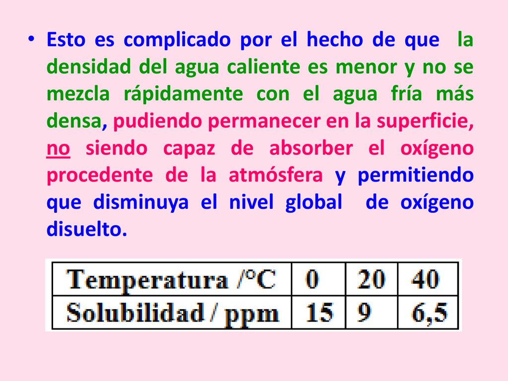 Esto es complicado por el hecho de que la densidad del agua caliente es menor y no se mezcla rápidamente con el agua fría más densa, pudiendo permanecer en la superficie, no siendo capaz de absorber el oxígeno procedente de la atmósfera y permitiendo que disminuya el nivel global de oxígeno disuelto.