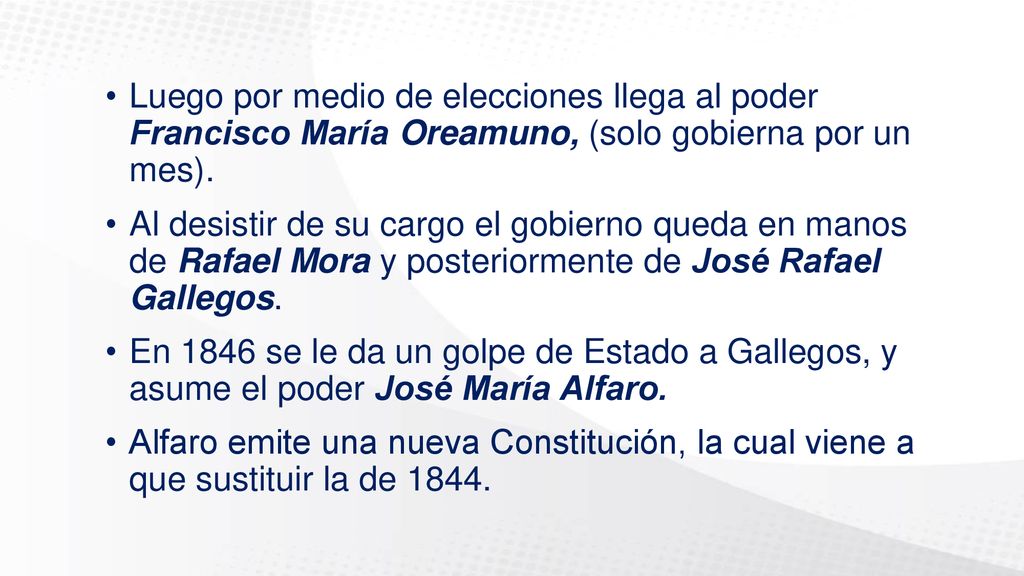 Luego por medio de elecciones llega al poder Francisco María Oreamuno, (solo gobierna por un mes).