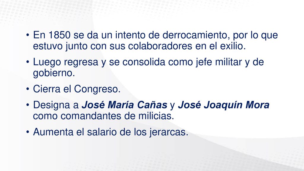En 1850 se da un intento de derrocamiento, por lo que estuvo junto con sus colaboradores en el exilio.