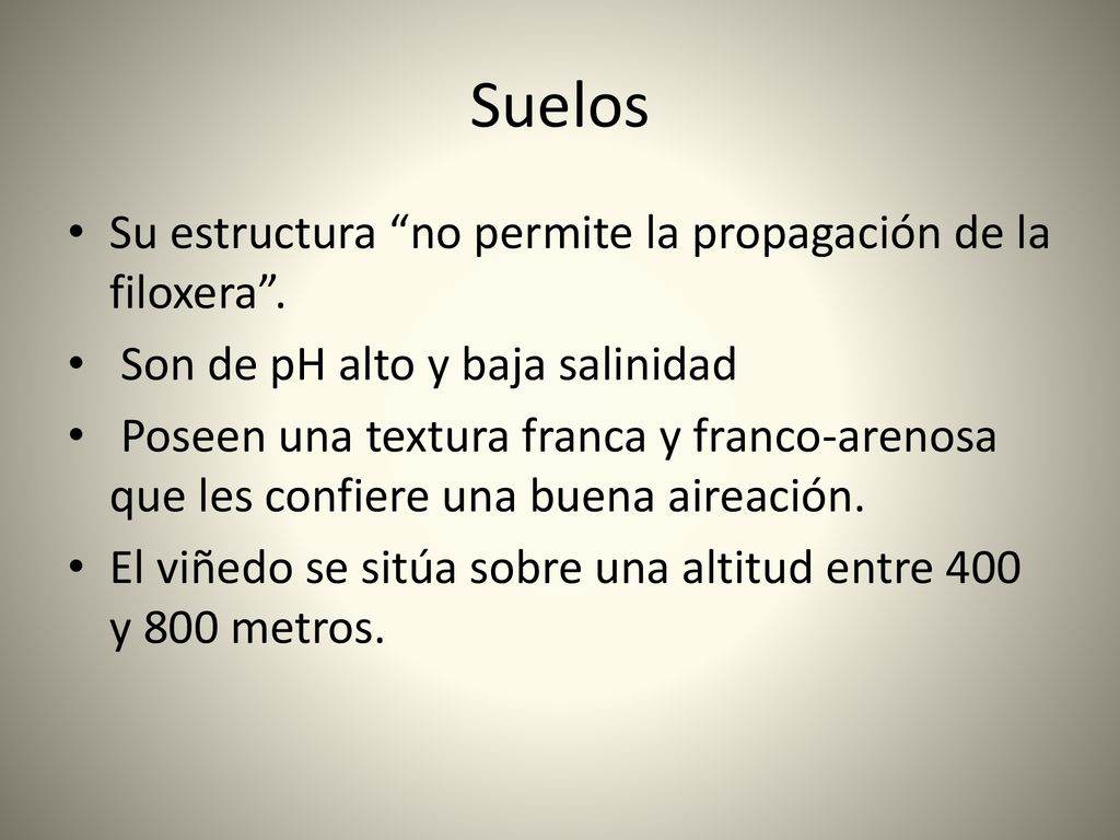 Suelos Su estructura no permite la propagación de la filoxera .