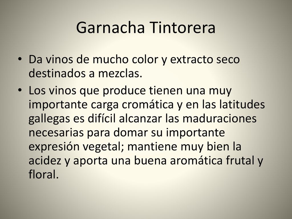 Garnacha Tintorera Da vinos de mucho color y extracto seco destinados a mezclas.