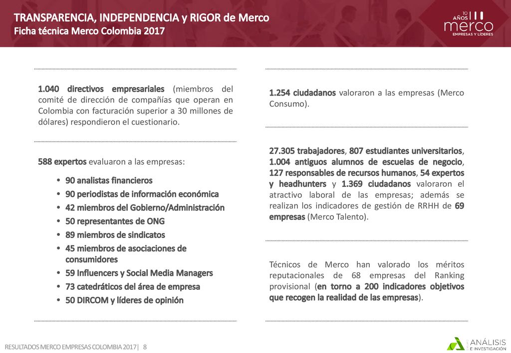 TRANSPARENCIA, INDEPENDENCIA y RIGOR de Merco Ficha técnica Merco Colombia 2017