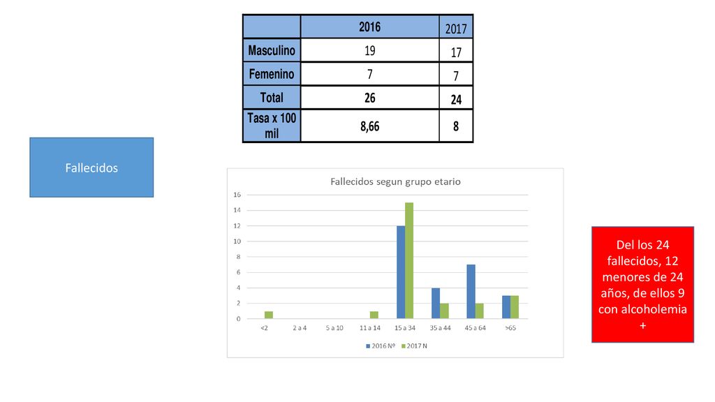 Fallecidos Del los 24 fallecidos, 12 menores de 24 años, de ellos 9 con alcoholemia +