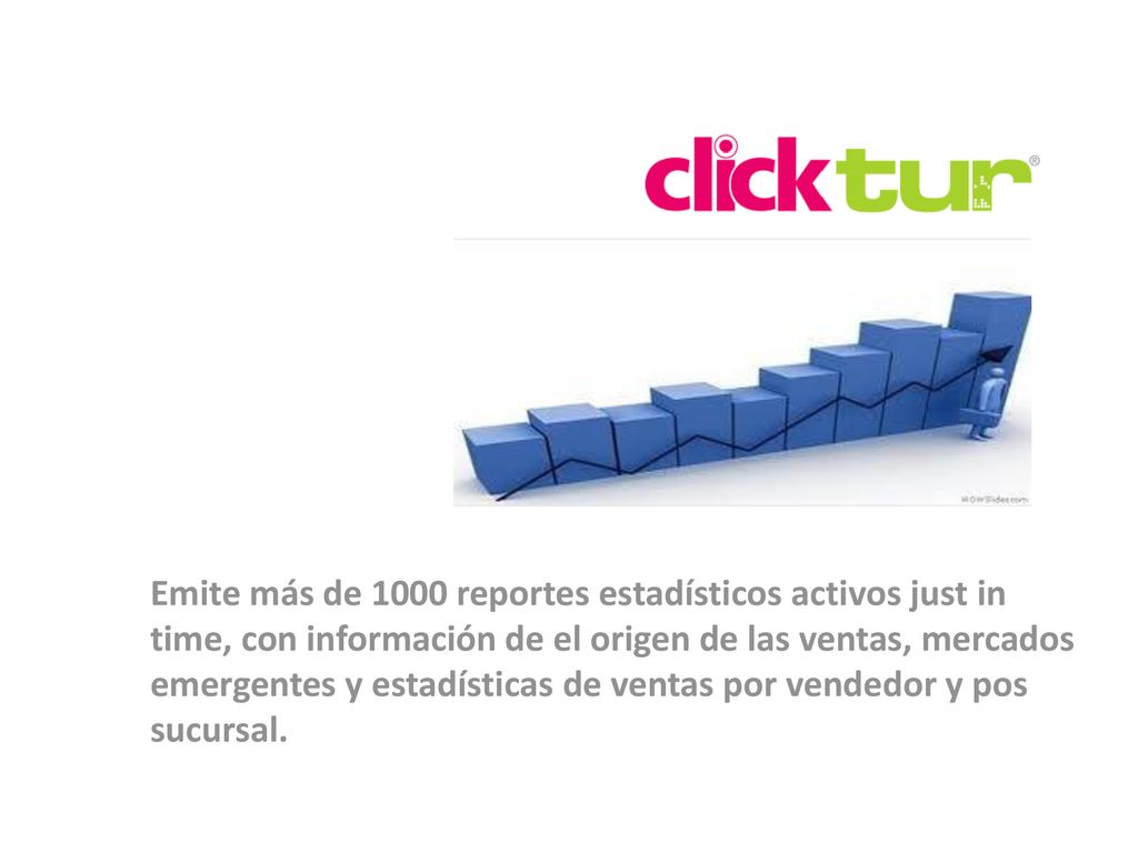 Emite más de 1000 reportes estadísticos activos just in time, con información de el origen de las ventas, mercados emergentes y estadísticas de ventas por vendedor y pos sucursal.
