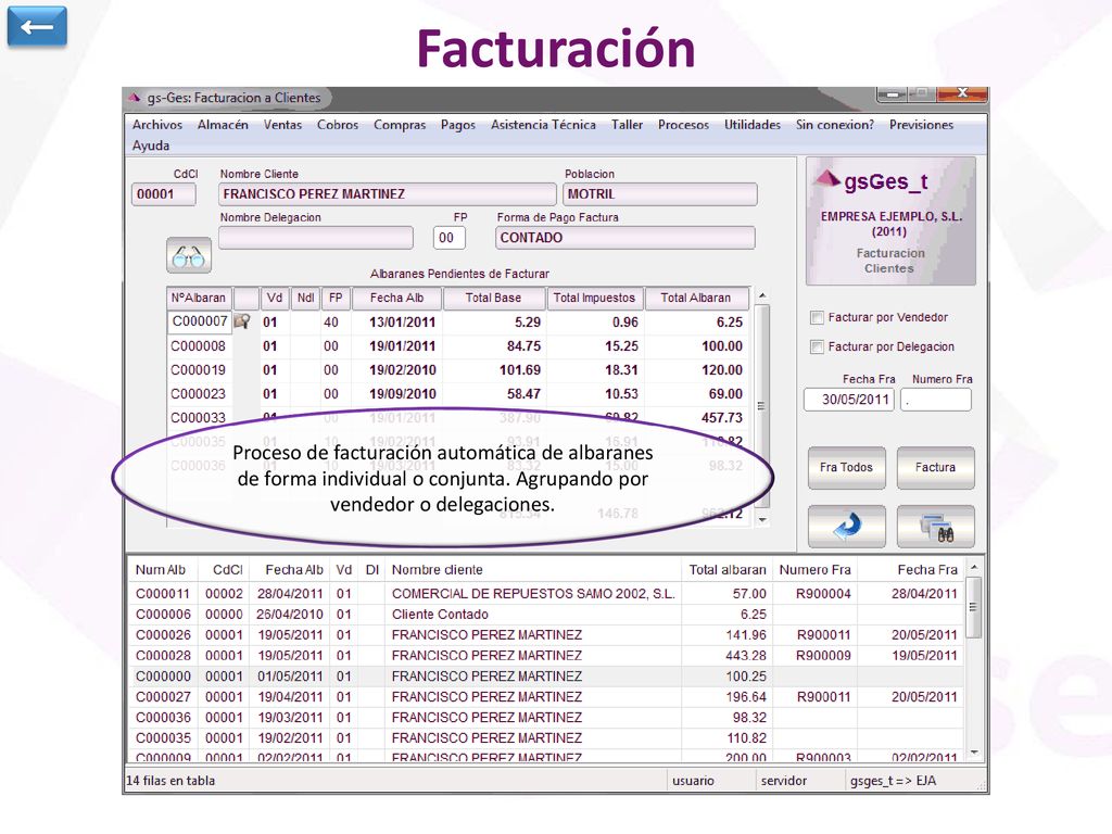 ← Facturación. Proceso de facturación automática de albaranes de forma individual o conjunta.