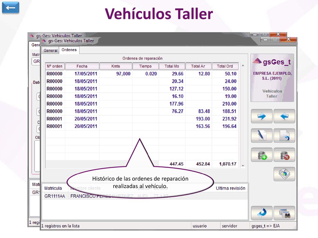 ← Vehículos Taller. Registro de los datos generales del vehículo del cliente.
