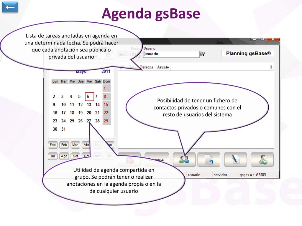 Agenda gsBase ← Lista de tareas anotadas en agenda en una determinada fecha. Se podrá hacer que cada anotación sea pública o privada del usuario.