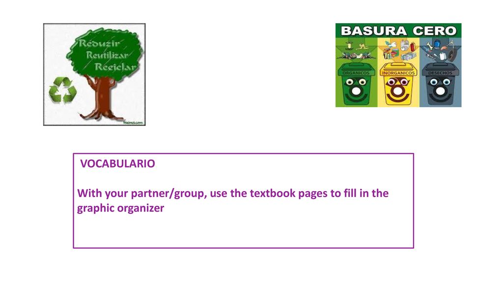 VOCABULARIO With your partner/group, use the textbook pages to fill in the graphic organizer