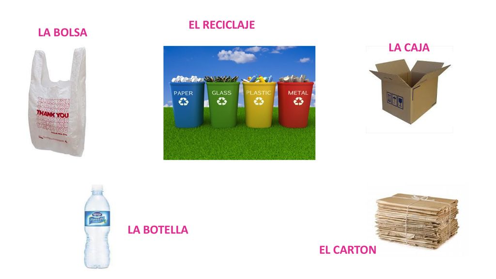 EL RECICLAJE LA BOLSA LA CAJA LA BOTELLA EL CARTON