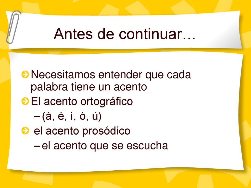 Antes de continuar… Necesitamos entender que cada palabra tiene un acento. El acento ortográfico. (á, é, í, ó, ú)