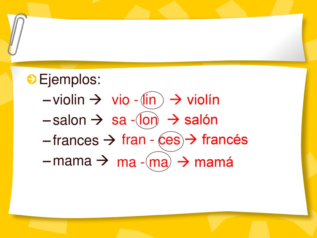 Ejemplos: violin  salon  frances  mama  vio - lin.  violín. sa - lon.  salón. fran - ces.