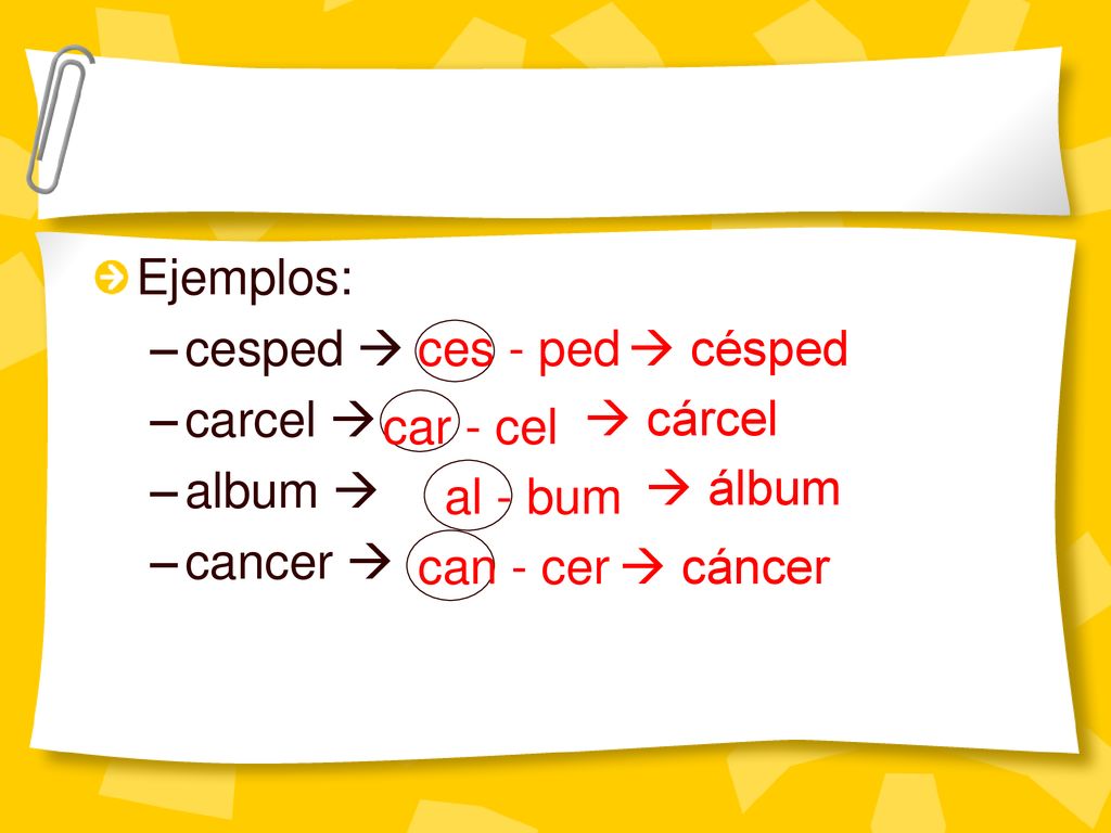 Ejemplos: cesped  carcel  album  cancer  ces - ped.  césped.  cárcel. car - cel.  álbum.