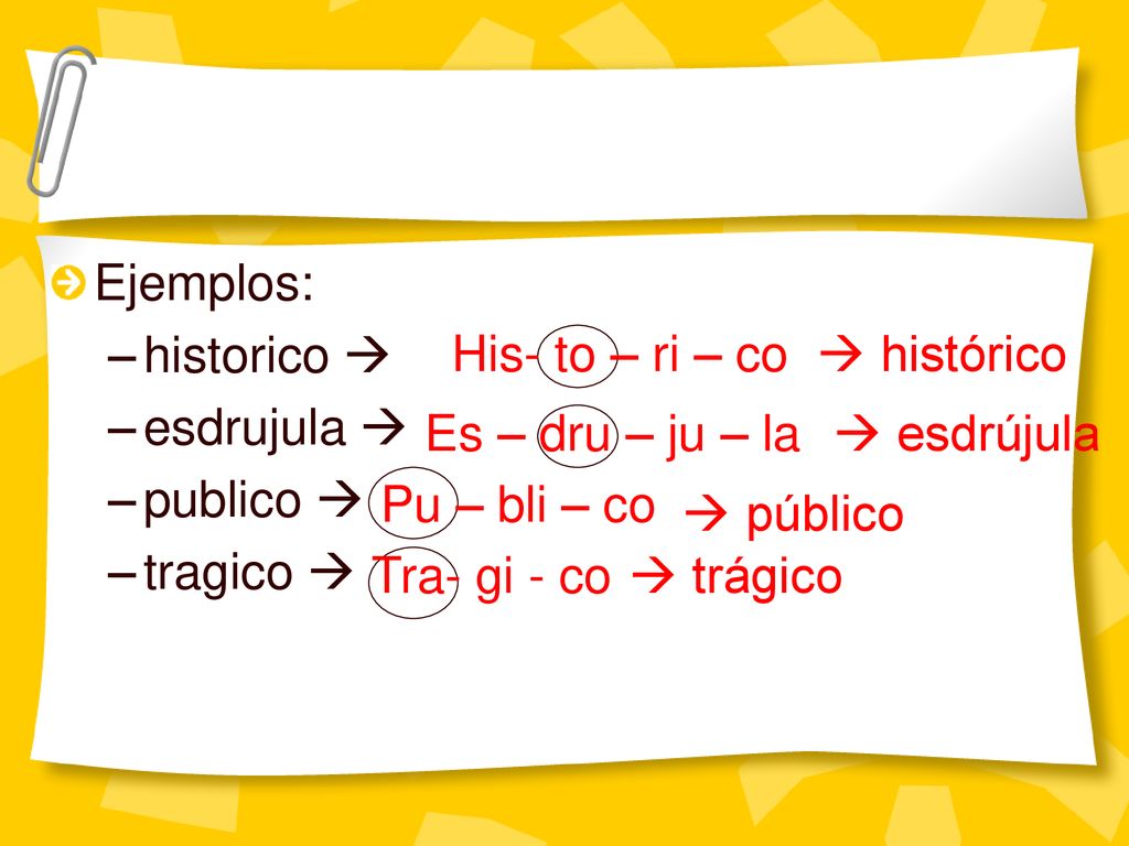 Ejemplos: historico  esdrujula  publico  tragico  His- to – ri – co.  histórico. Es – dru – ju – la.