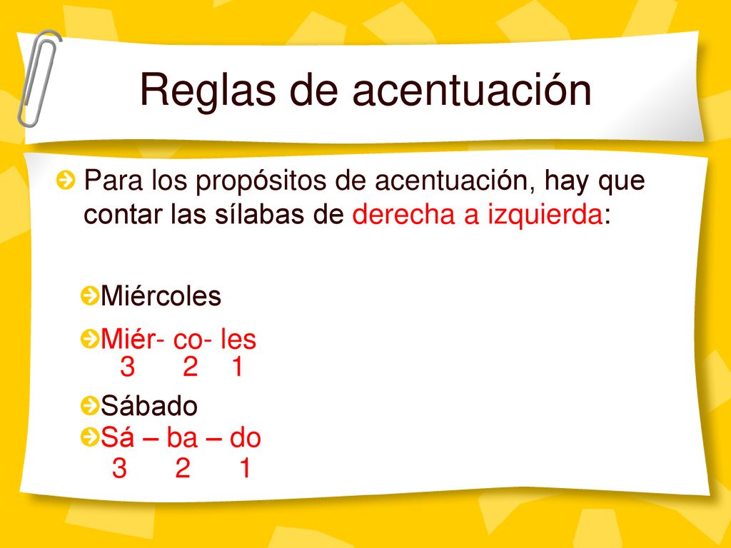 Reglas de acentuación Para los propósitos de acentuación, hay que contar las sílabas de derecha a izquierda: