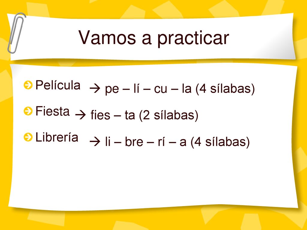 Vamos a practicar Película Fiesta  pe – lí – cu – la (4 sílabas)