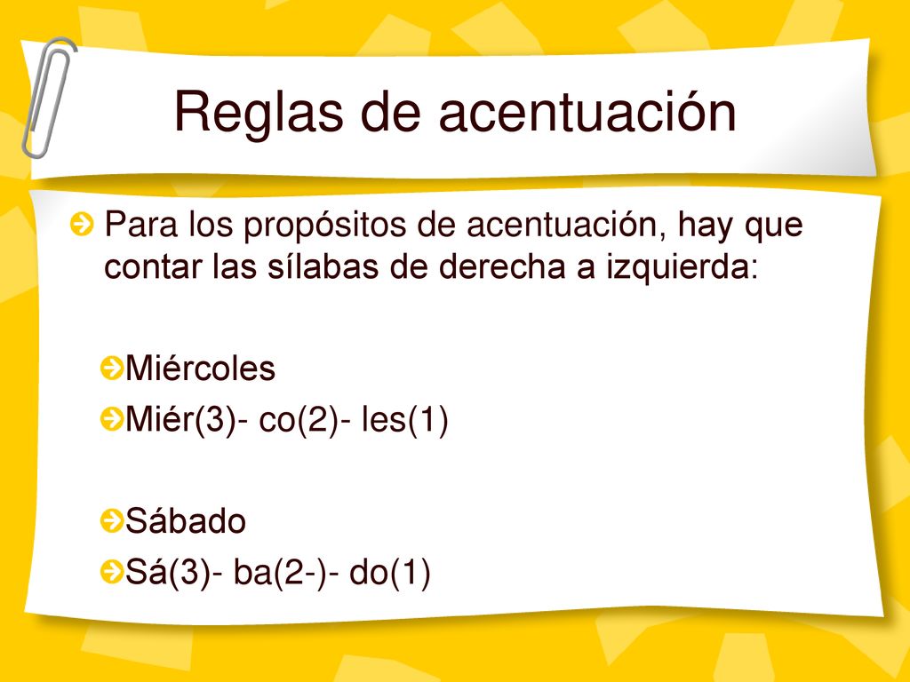 Reglas de acentuación Para los propósitos de acentuación, hay que contar las sílabas de derecha a izquierda: