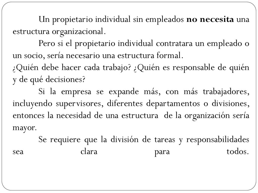 Un propietario individual sin empleados no necesita una estructura organizacional.