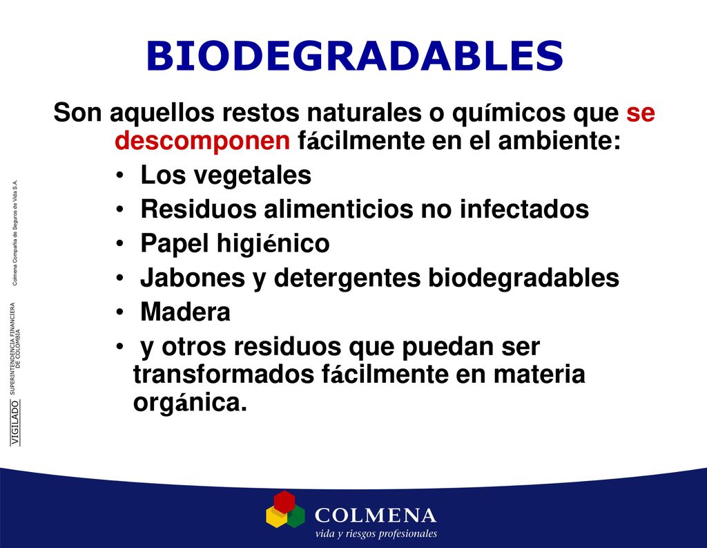 BIODEGRADABLES Son aquellos restos naturales o químicos que se descomponen fácilmente en el ambiente:
