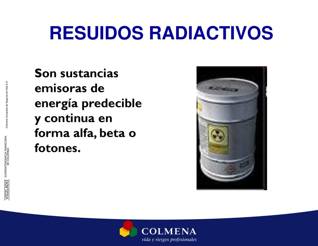 RESUIDOS RADIACTIVOS Son sustancias emisoras de energía predecible y continua en forma alfa, beta o fotones.