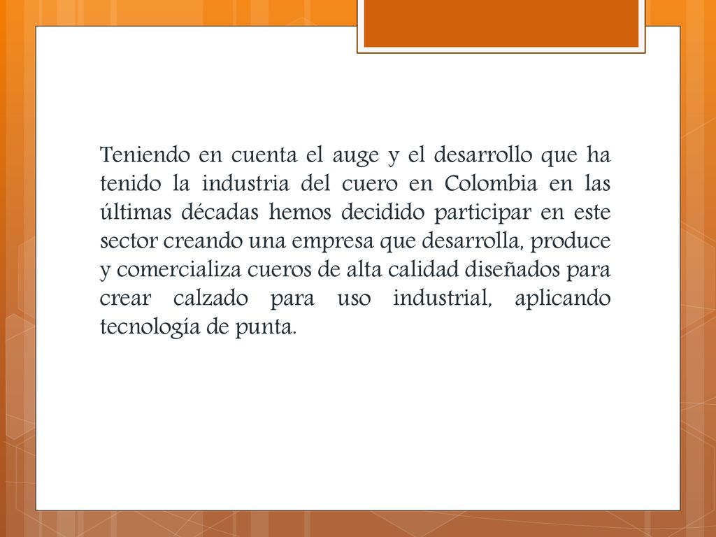 Teniendo en cuenta el auge y el desarrollo que ha tenido la industria del cuero en Colombia en las últimas décadas hemos decidido participar en este sector creando una empresa que desarrolla, produce y comercializa cueros de alta calidad diseñados para crear calzado para uso industrial, aplicando tecnología de punta.