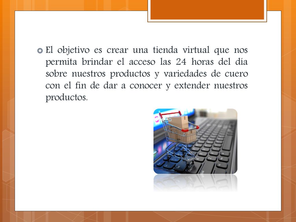 El objetivo es crear una tienda virtual que nos permita brindar el acceso las 24 horas del día sobre nuestros productos y variedades de cuero con el fin de dar a conocer y extender nuestros productos.