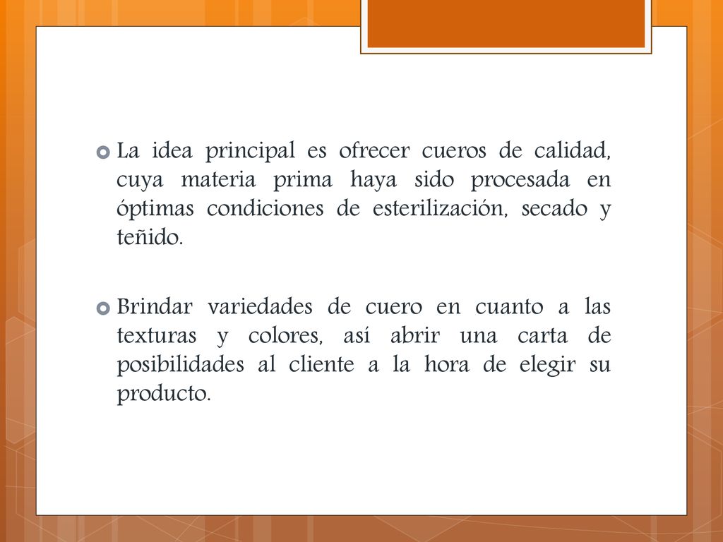 La idea principal es ofrecer cueros de calidad, cuya materia prima haya sido procesada en óptimas condiciones de esterilización, secado y teñido.