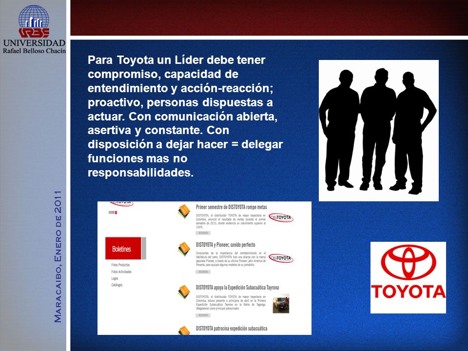 Para Toyota un Líder debe tener compromiso, capacidad de entendimiento y acción-reacción; proactivo, personas dispuestas a actuar. Con comunicación abierta, asertiva y constante. Con disposición a dejar hacer = delegar funciones mas no responsabilidades.
