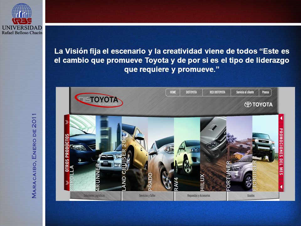 La Visión fija el escenario y la creatividad viene de todos Este es el cambio que promueve Toyota y de por si es el tipo de liderazgo que requiere y promueve.