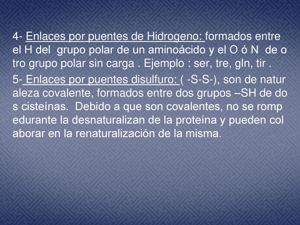 4- Enlaces por puentes de Hidrogeno: formados entre el H del grupo polar de un aminoácido y el O ó N de otro grupo polar sin carga .