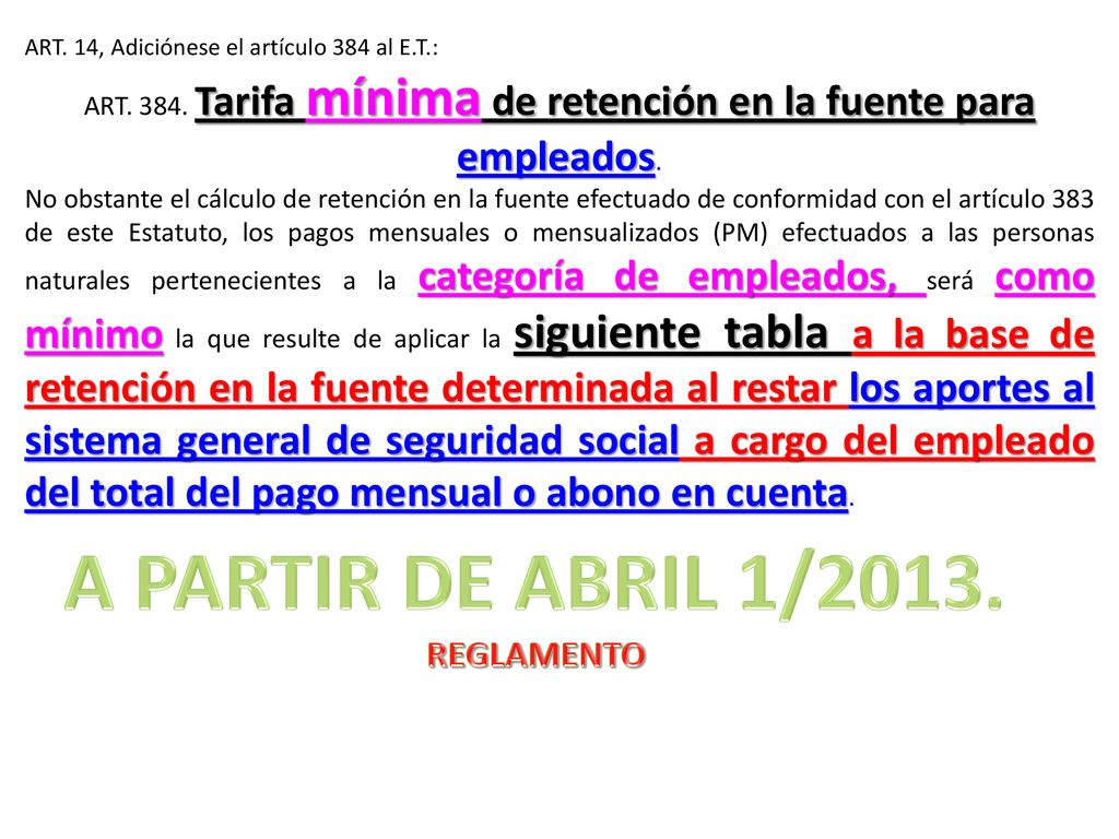 ART Tarifa mínima de retención en la fuente para empleados.